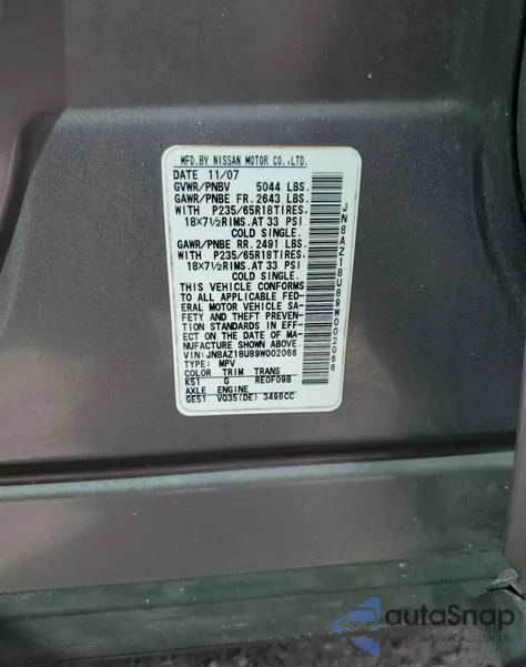 2009 Nissan Murano S z USA, uszkodzony, nr VIN JN8AZ18U89W002066